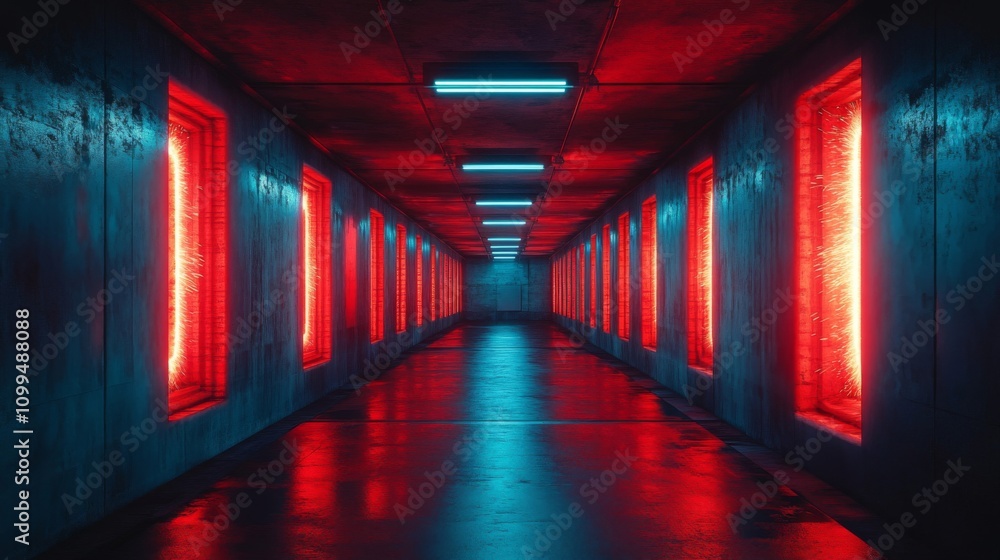 Fototapeta premium Neon Lit Corridor Red And Blue Glowing Windows