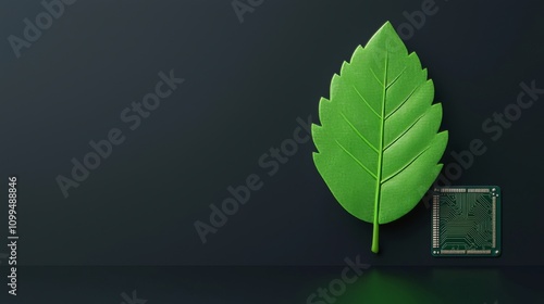The integration of a leaf with a green circuit board pattern signifies the convergence of natural and technological elements.