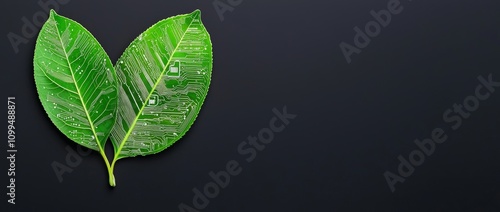 The radiant digital green circuit board outline infuses a leaf with life, representing technology's connection to nature.