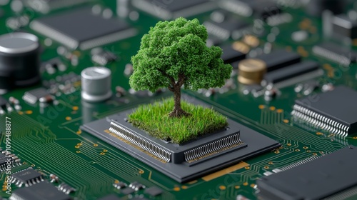 An abstract high-tech futuristic background of microchips and computer circuit boards with transistors, showcasing a green eco-friendly tree alongside computer technology. Stock.