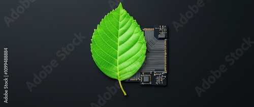 A luminous digital green circuit board outline animates a leaf, symbolizing the natural aspect of technology.