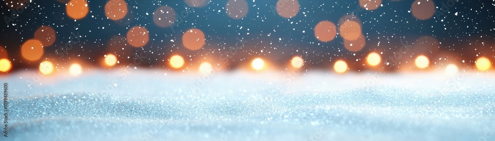 Fototapeta premium Sparkling Winter Snow Scene with Festive Lights Background