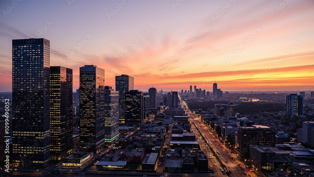 Obraz premium Generative AI, Modern Metropolis at Sunset with Reflective Skyscrapers