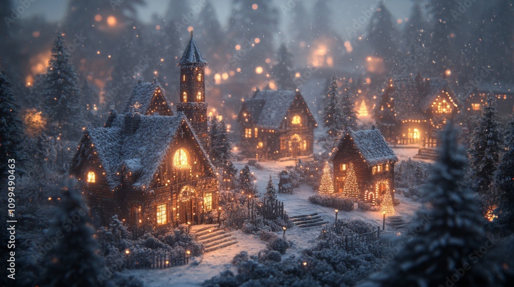 Obraz premium A Snow Covered Village Glows With Festive Lights