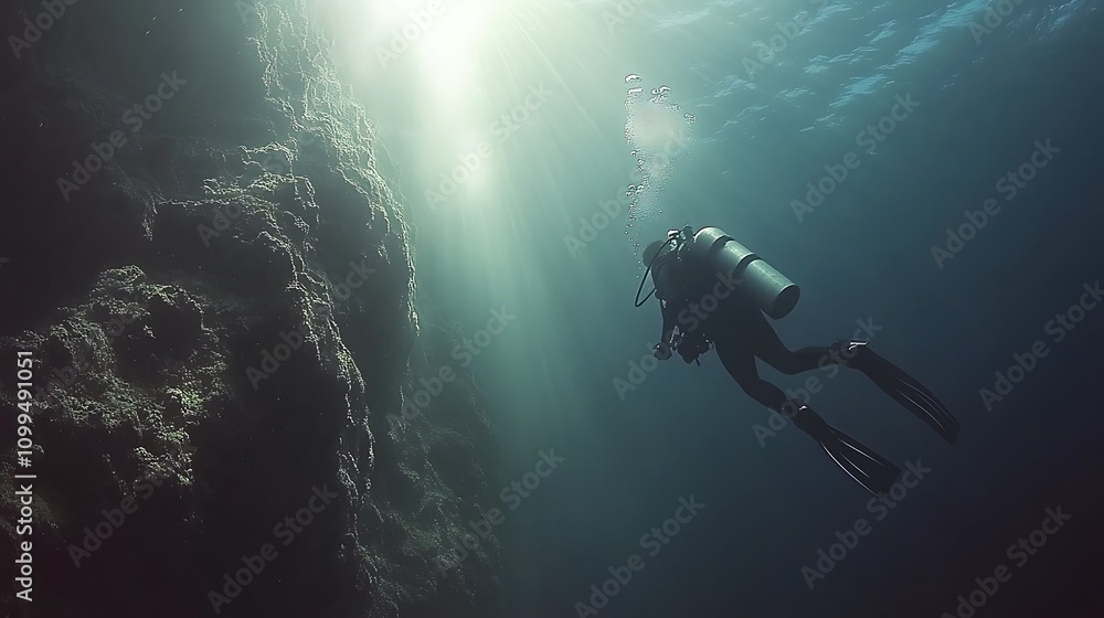 custom made wallpaper toronto digitalA captivating underwater photograph showing a scuba diver exploring the edge of an underwater ledge, with shimmering sunlight and distant marine life enhancing the scene