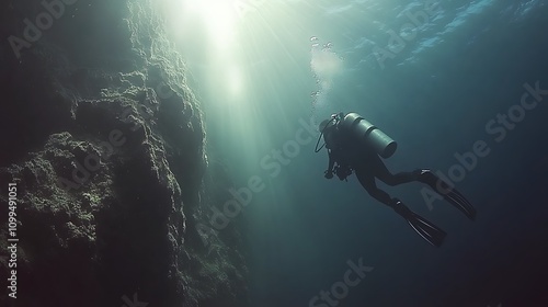 Wallpaper Mural A captivating underwater photograph showing a scuba diver exploring the edge of an underwater ledge, with shimmering sunlight and distant marine life enhancing the scene Torontodigital.ca