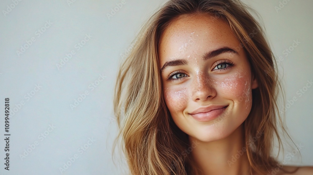Naklejka premium Beautiful Young Woman with Fresh Appearance and Radiant Smile