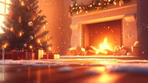 Cozy Christmas Scene With Presents Tree And Fireplace