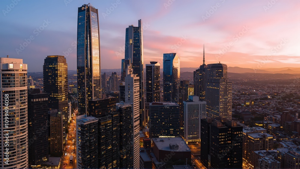 Obraz premium Generative AI, Modern Metropolis at Sunset with Reflective Skyscrapers
