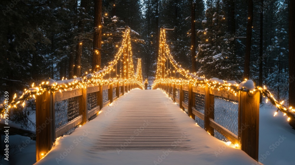 Fototapeta premium Snow Covered Bridge Adorned With Festive Lights