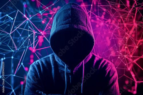 Cybercrime concept. Anonymous figure in a hoodie with digital background