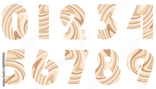 Set of colorful numbers with wavy pattern isolated on white. Alphabet with numbers. Vector graphic elements for design. Abstract pattern with lines. Brown, beige color. Coffee, cafe, sweet