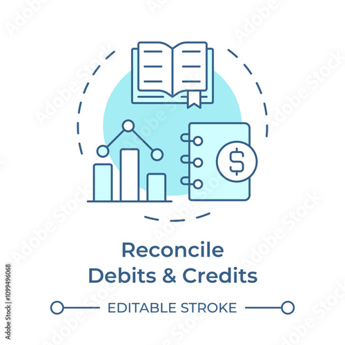 Reconcile debits and credits soft blue concept icon. Accounting ledger, documentation. Round shape line illustration. Abstract idea. Graphic design. Easy to use in infographic, presentation