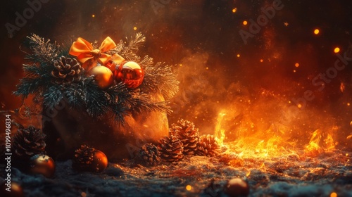 Festive Christmas Ornaments In A Burning Embers Setting