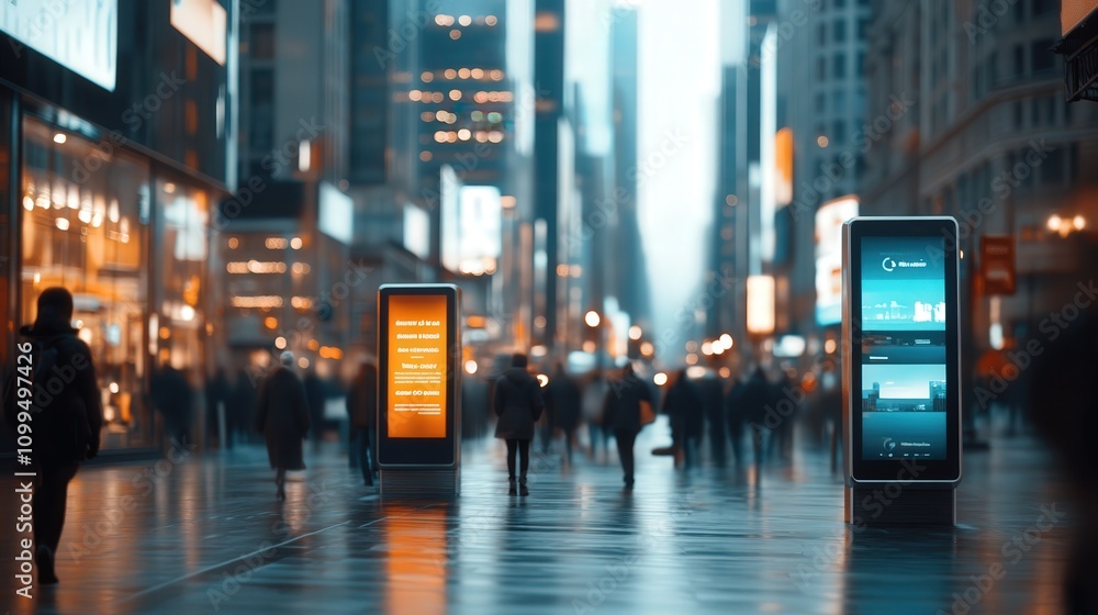 Fototapeta premium Vibrant Urban Scene with Digital Billboards in a Busy City Street Full of Pedestrians and Skylines Displaying Modern Technology and Dynamic City Life