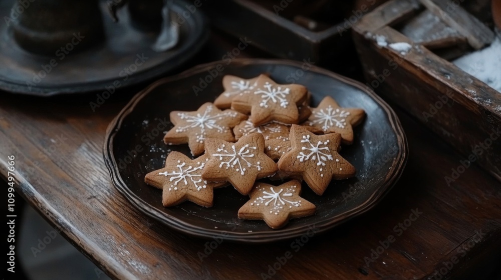 Fototapeta premium Star Shaped Gingerbread Cookies On Dark Plate