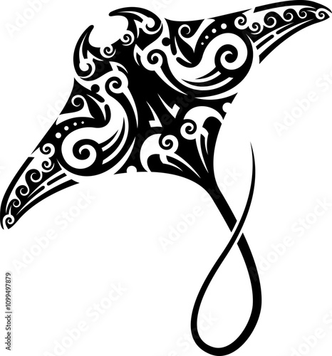 Maori tribal manta ray tattoo with intricate swirling patterns and bold lines. Isolated vector stunning black ink stingray shape reflects grace and power, cultural and marine symbolism of sea creature