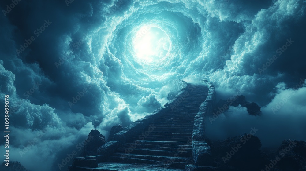 Fototapeta premium A blue sky with a large hole in it and a staircase leading up to it