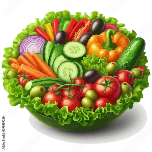 Fresh Salad in Green Bowl – Colorful Vegetables including Carrots, Cucumbers, Bell Peppers, and Olives on White Background