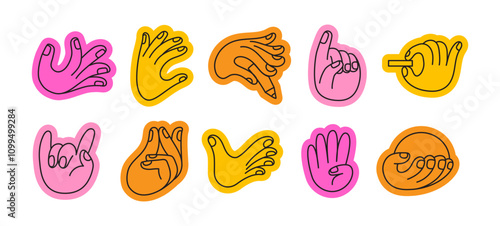 Vector set of icons and simple linear illustrations, hands and gestures, poster, logo, print design template, hand drawn hands  in minimal modern art style, stickers for social media