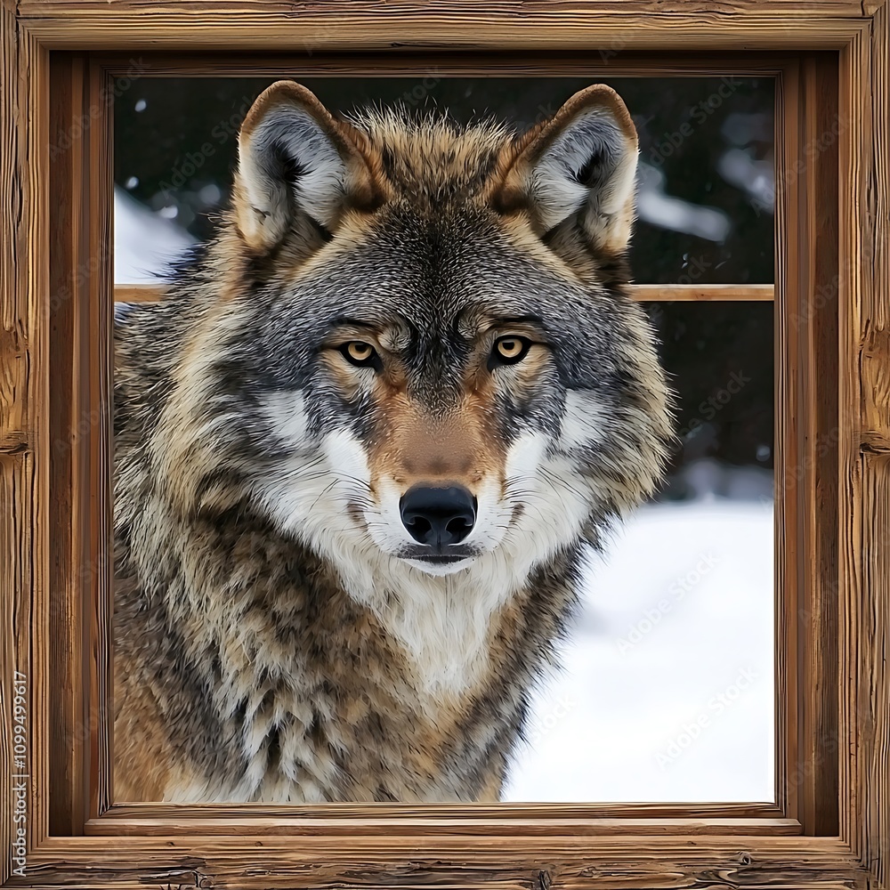 Obraz premium Majestic Wolf Gazing Through a Rustic Wooden Window Frame in a Snowy Winter Landscape.