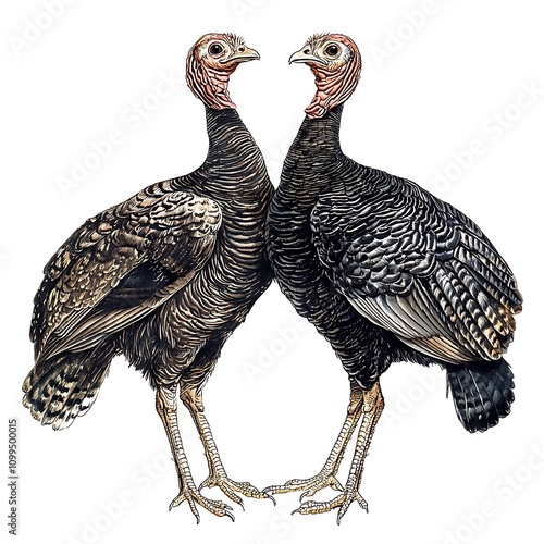 Two Turkeys Facing Each Other in Detailed Illustration. photo