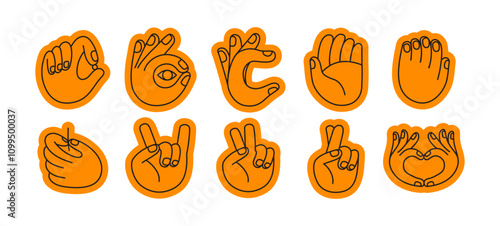 Vector set of icons and simple linear illustrations, hands and gestures, poster, logo, print design template, hand drawn hands  in minimal modern art style, stickers for social media
