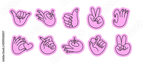 Vector set of icons and simple linear illustrations, hands and gestures, poster, logo, print design template, hand drawn hands  in minimal modern art style, stickers for social media