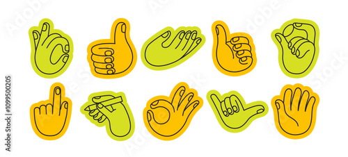 Vector set of icons and simple linear illustrations, hands and gestures, poster, logo, print design template, hand drawn hands  in minimal modern art style, stickers for social media