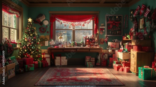 A Festive Christmas Room Filled With Gifts And Decorations