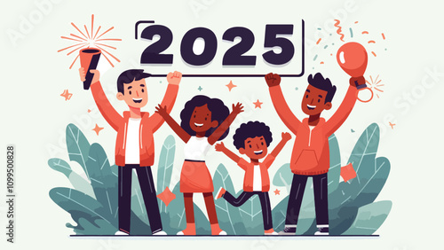 illustration of a teenagers happily welcoming New Year's Eve, they uphold the number 2025