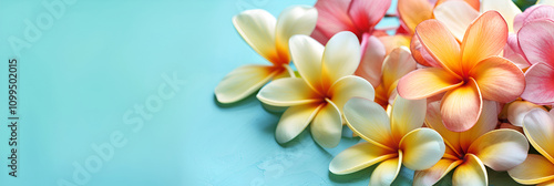 Vibrant plumeria flowers against soft turquoise background