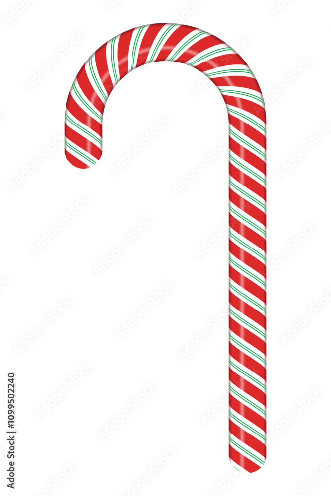 Fototapeta premium Candy cane with red and white stripes. Realistic candy cane. Sweet stick for new year. Decoration sugar lollipop. Vector illustration