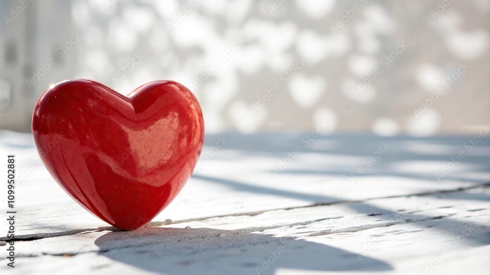 Fototapeta premium Red heart against a bright white background with subtle blur, blurred background, soft focus, red heart image, loving atmosphere
