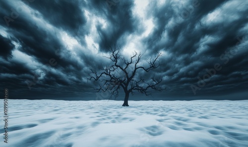 Bomb cyclone scene with fierce winds twisting snow into spirals, icy tree branches, and dark, ominous storm clouds looming over a desolate winter landscape  photo