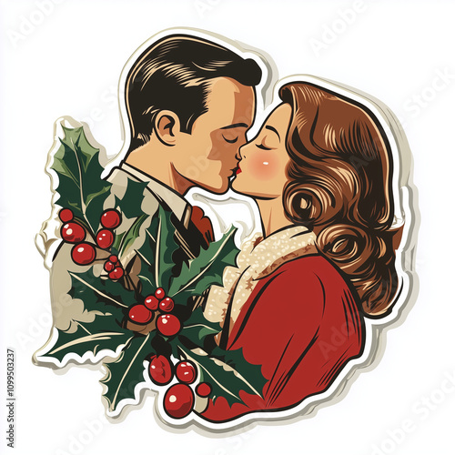 Vintage illustration of a couple kissing with festive holly and berries decoration photo