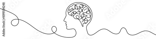 Continuous line drawing representing human head with brain waves symbolizing mental health, psychology, and creativity