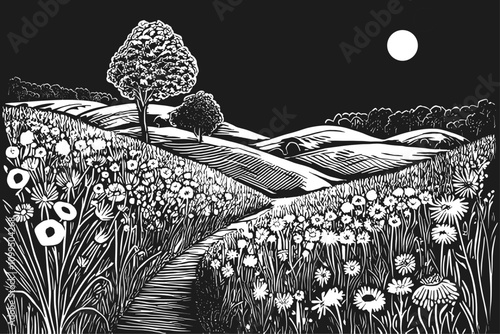 Rolling hills and flowers landscape. Black and white woodcut horizontal print of dense forest meadow wildflowers field in the foreground and night sky moon. simple flat style. Isolated linocut vector