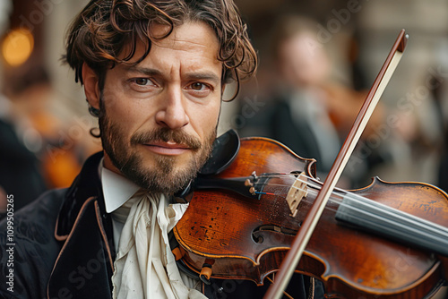 Violinist performs with a four string Amati violin during an outdoor concert in historical attire photo