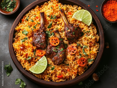 Delicious yemeni mandi rice with slow-cooked lamb middle east food photography cozy kitchen culinary tradition photo