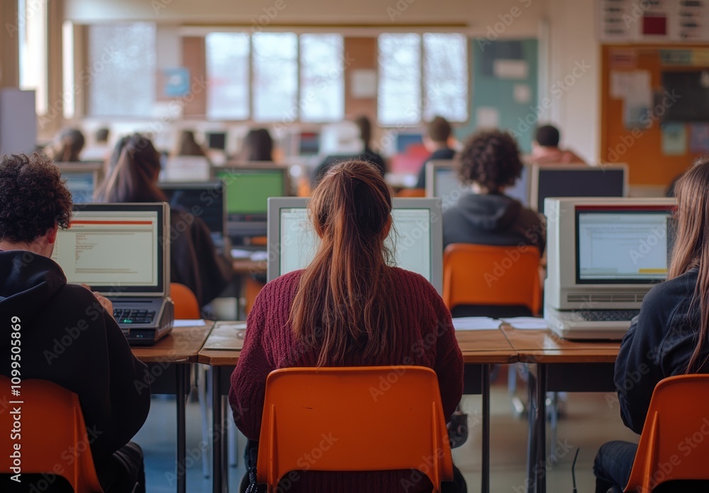 Obraz premium Students engaged in a computer lab session, focused on their screens.