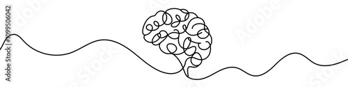 One continuous line illustration of a human brain, isolated on white background. Line art of human brain