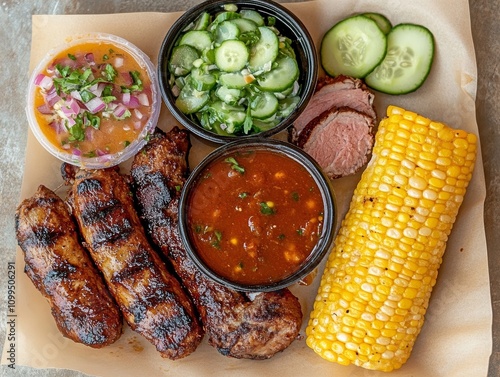 Grilled sausages and corn with sopa paraguaya outdoor picnic culinary delight summer vibes top-down view comfort food photo