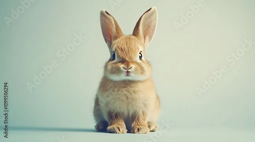 A surreal full body portrait of a baby leveret posed happily on a plain colored background with photo