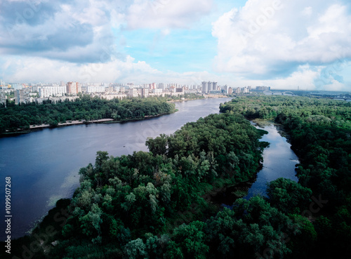 Принти на полотні Aerial drone view of Dnipro river and Kyiv city.