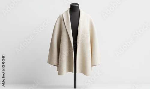 Oversized beige jacket draped over a mannequin on a white background, showcasing its soft, slouchy fit with minimalistic stitching details  photo