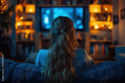 Woman sitting on a couch watching tv photo