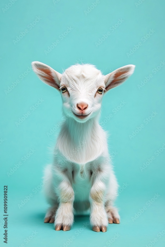 Fototapeta premium Adorable Baby Goat Posing Happily on Plain Colored Background in Natural Light