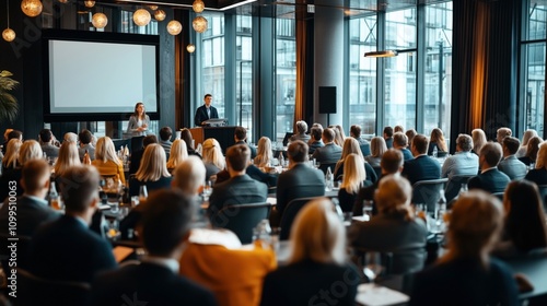 Wallpaper Mural Business conference with audience listening to speakers in a modern office setting with large windows. Torontodigital.ca