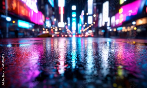 Wallpaper Mural Rain-soaked Times Square concert with dramatic reflections of neon lights on wet streets, performers singing under a canopy of sparkling white lights  Torontodigital.ca